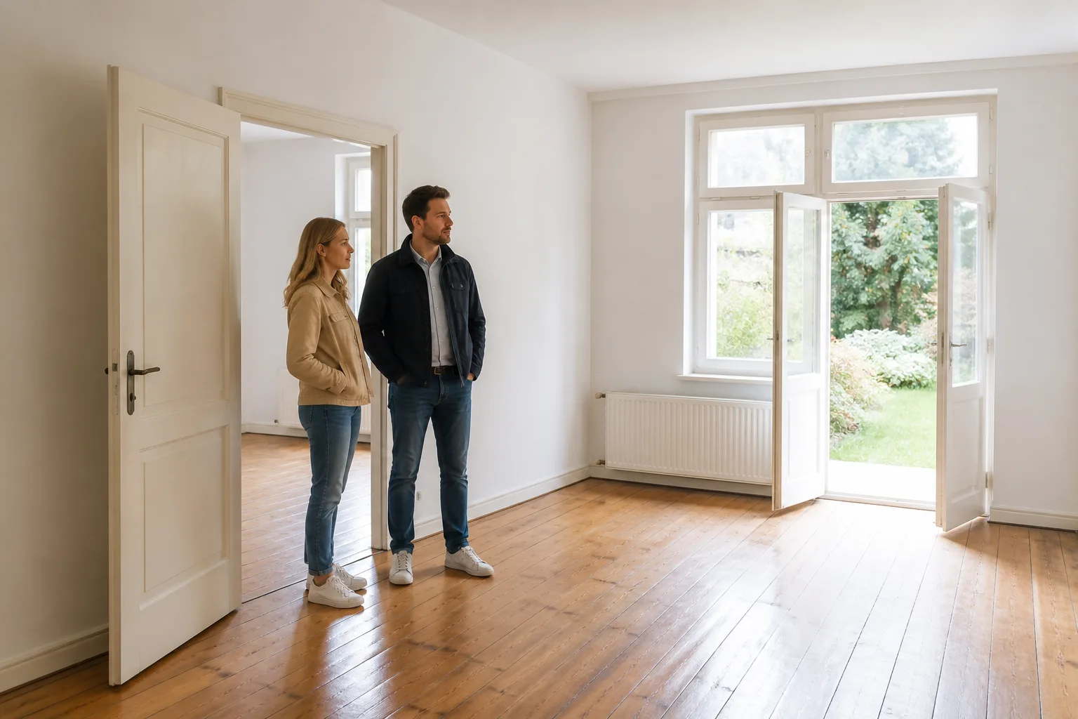 Zwei Kaufinteressenten betrachten einen hellen weitgehend freien Raum in einem älteren Wohnhaus
