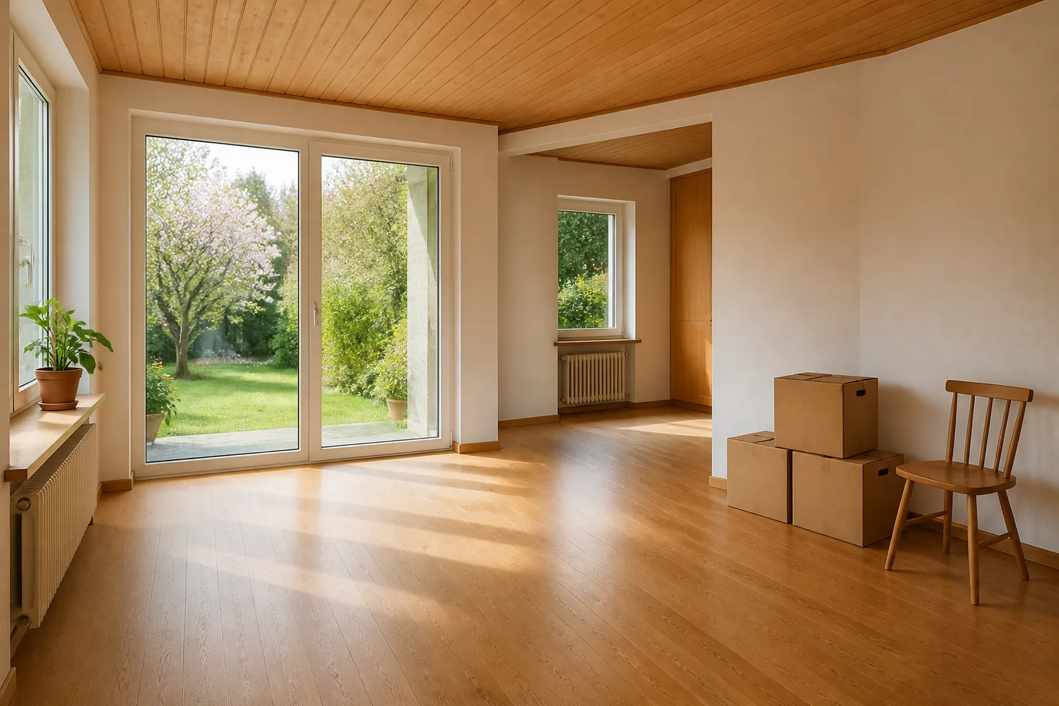 Heller Wohnraum mit drei geschlossenen Kartons und Blick in einen Garten
